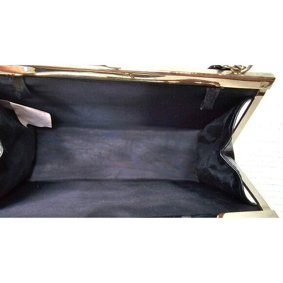 Vintage Black Patent Clutch Purse Gold Frame Kiss Lock - Picture 10 of 10